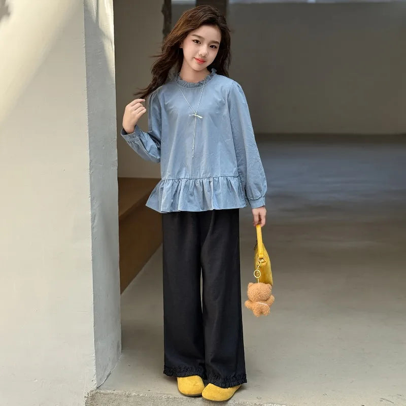 Back To School Clothing for Girls Outfits Set Toddler Kids Vest +Blue Shirt + Pants 3pcs Teens Kids Costumes Spring Autumn 2025