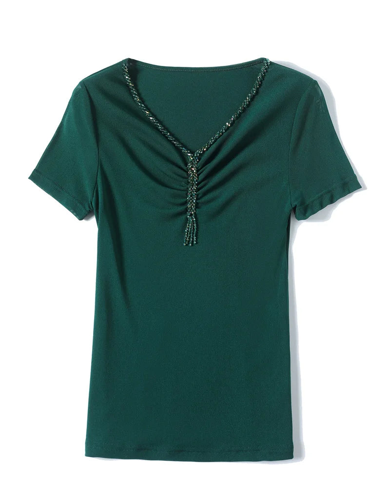 Women Fashion Diamonds V-neck Short Sleeve T-shirts Tops Girls High Stretchy Sheath Mesh Tee Shirts For Woman