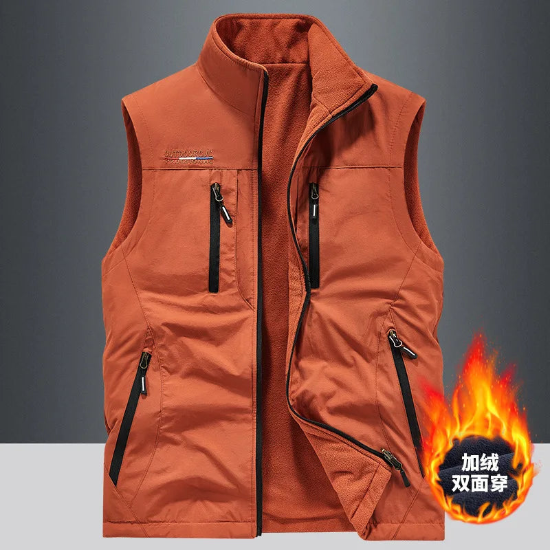 Men's Thickened Double-Sided Fleece Vest for Outdoor Sports Warm Comfortable Fleece Jacket Attached Multipurpose Vest