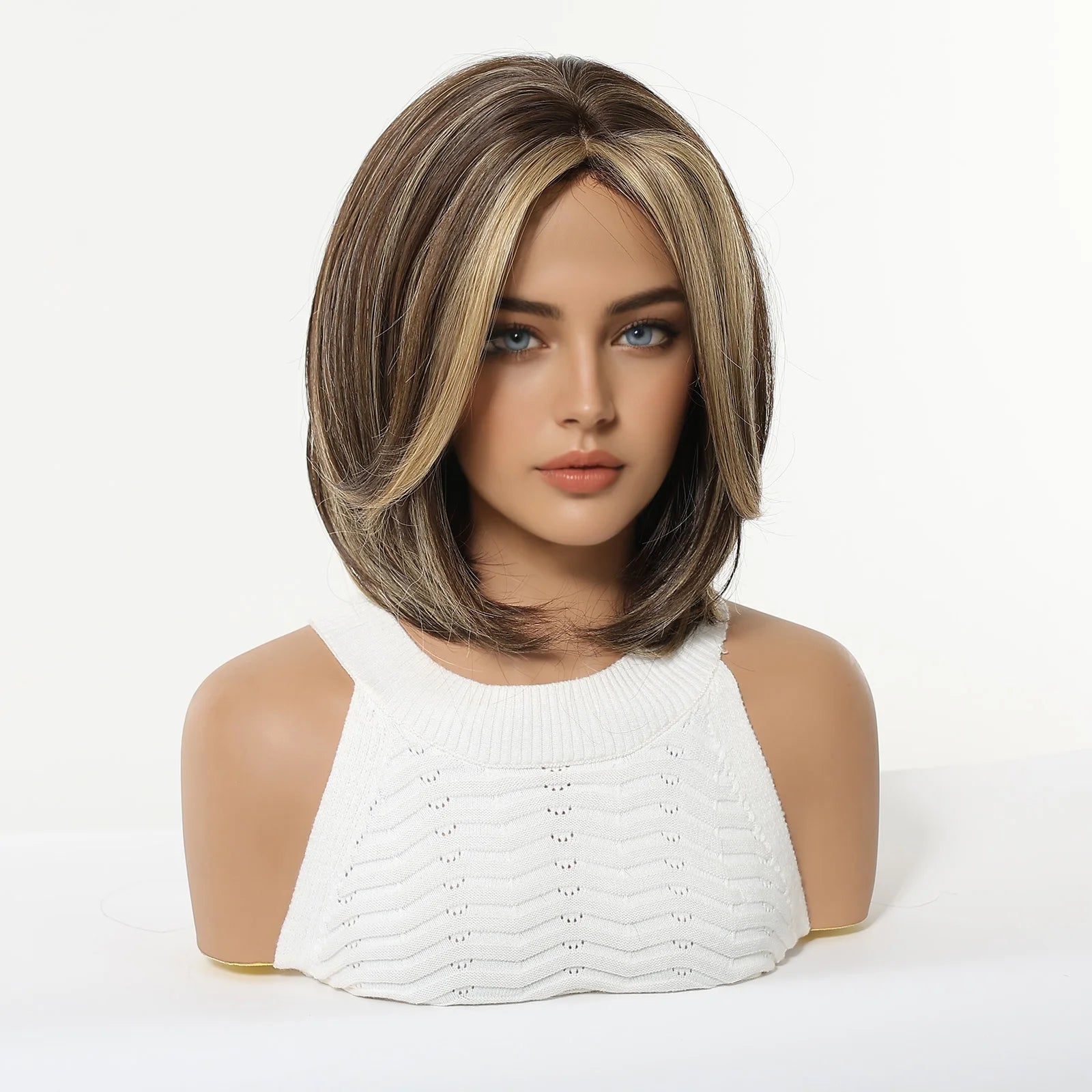 LOUIS FERRE Short Blonde Highlight Brown Bobo Wigs For Women Daily Cosplay Natural Straight Wig High Temperature Synthetic Wigs