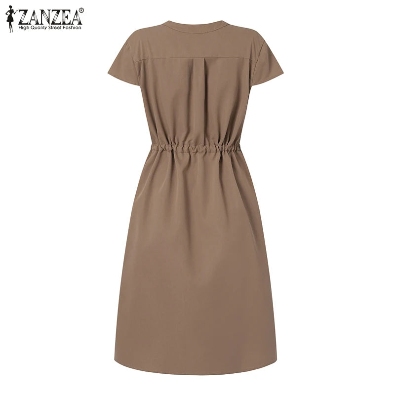 Summer Fashion Short Sleeve Dress ZANZEA Women Casual Drawstring Waist Vestidos Knee-length Robe Femme Elegant OL Work Sundress