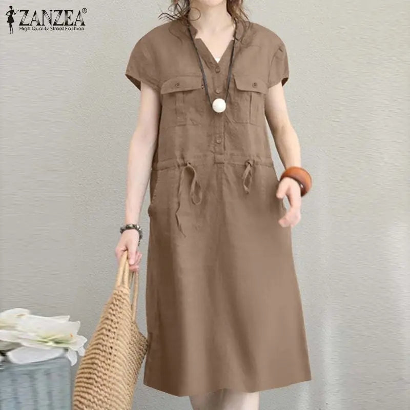 Summer Fashion Short Sleeve Dress ZANZEA Women Casual Drawstring Waist Vestidos Knee-length Robe Femme Elegant OL Work Sundress