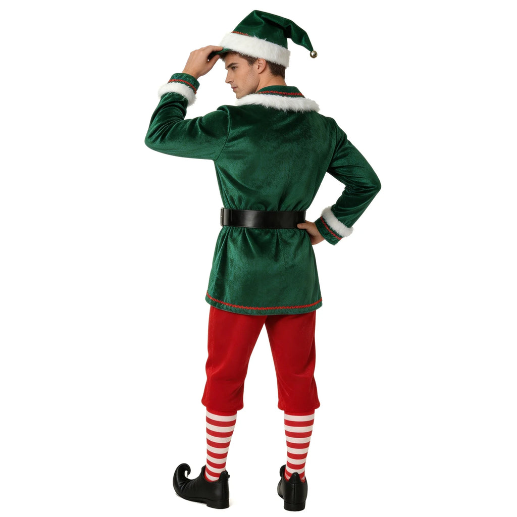 Christmas Elf Costume for Adults Men Women Couple Green Velvet Dress Suit Belt Hat Striped Stockings Xmas Party Cosplaywear