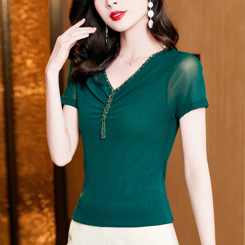 Women Fashion Diamonds V-neck Short Sleeve T-shirts Tops Girls High Stretchy Sheath Mesh Tee Shirts For Woman