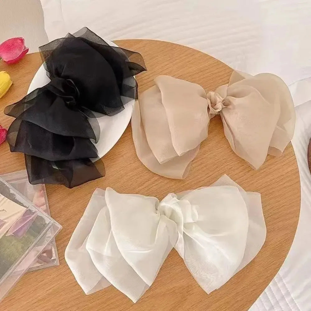 Woman White Black Chiffon Bowknot Hair Clip Super Big Bowknot Barrette for Girls Comfortable Headwear Hair Apparel Accessories