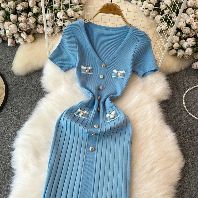 Elegant Knitted Long Dress Women Summer V Neck Single Breatsed Short Sleelve Bodycon Dresses Fashion Party Office Lady Vestidos
