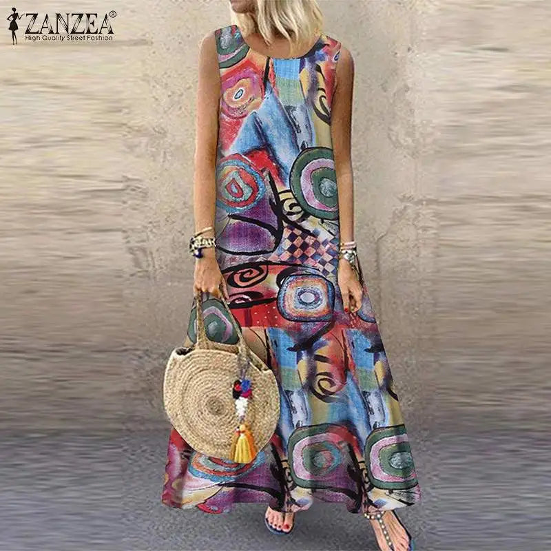 ZANZEA Women Bohemian Summer Dress Causal Sleeveless Floral Printed Sundress Robe Femme Vintage Kaftan Beach Vestido Sarafans