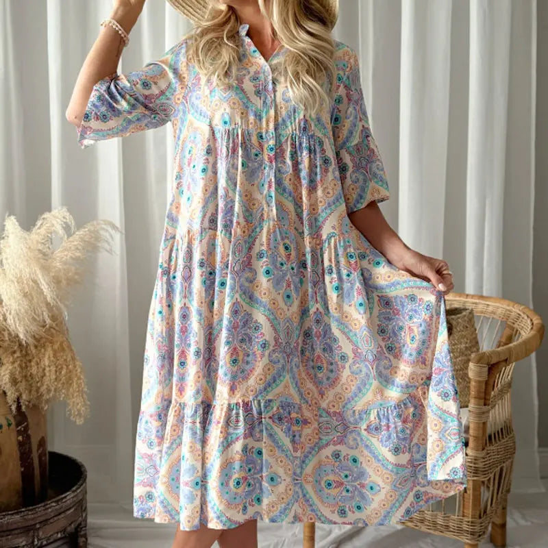 New Plus Size Women Boho Paisley Print Shirt Dress, Casual Flowy Ruffle Hem Long Dress for Summer Vacation Daily Wear