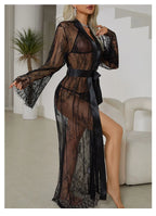 Women's Sheer Lace Robe Sexy See Through Nightgown with Jacquard Lace