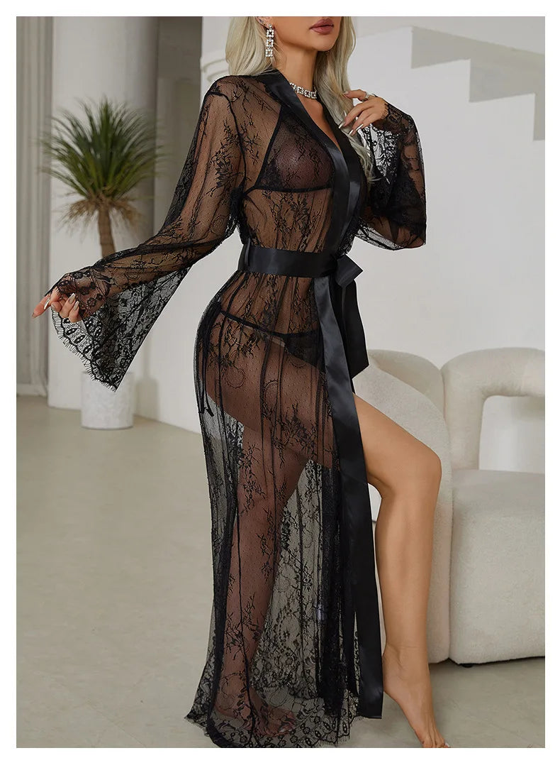 Women's Sheer Lace Robe Sexy See Through Nightgown with Jacquard Lace Floral Trim Satin Lounge Dress for Kimono Robe Home Wear