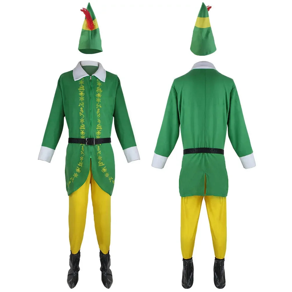 Christmas Elf Costume Christmas Buddy Santa Claus Green Suit Hat Coat Pants Men Outfit Xmas New Year Adult Clothes Set ﻿