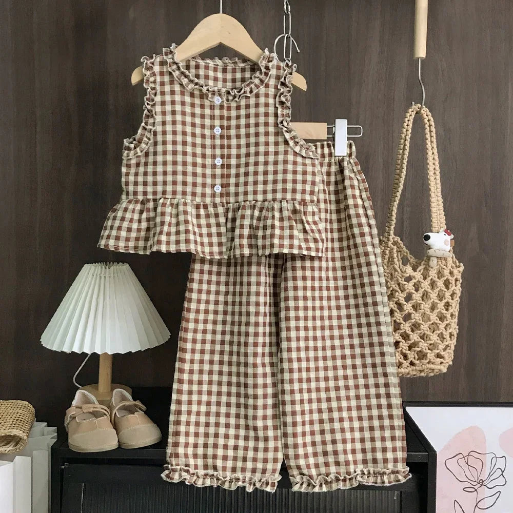 Korean Version 2-10 Year Old Girls and Teenagers Casual Suit with Checkered Lace Single Breasted Top and Pants Two-piece Set