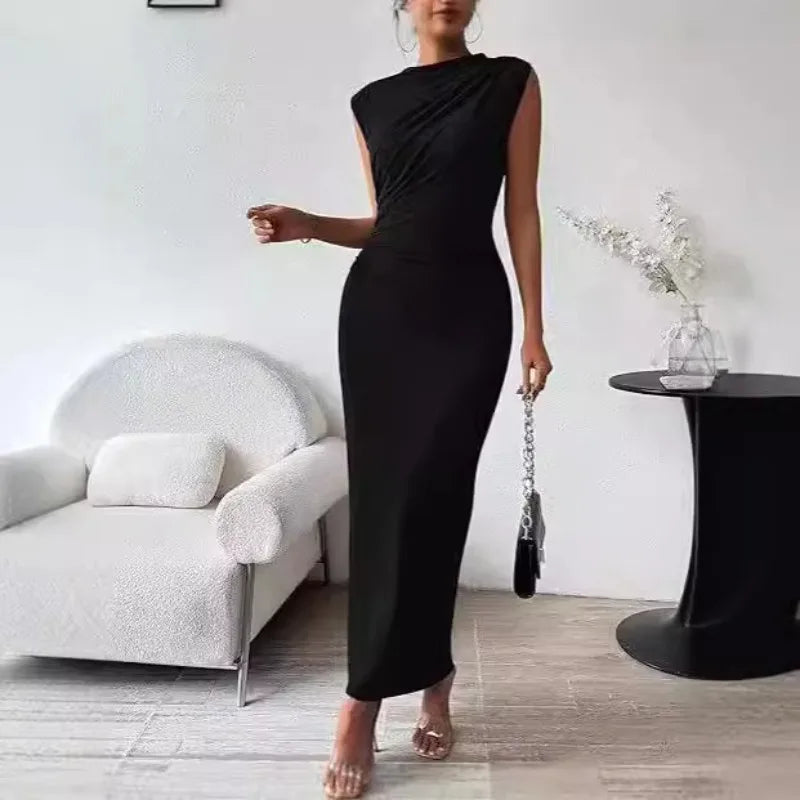 Women Plus Size Elegant Ruched Bodycon Dress Euro Sexy Sleeveless Layering Stretchy Coat Inner Party Outfit Fashion Basic Dress