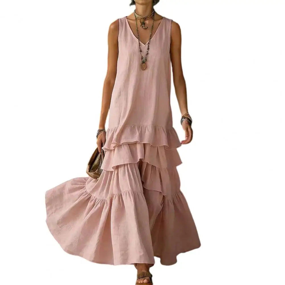 Plus Size Summer Dress Spring Solid Color Women's Loose V-neck Large Skirt Sleeveless Ruffle Edge Travel Dresses Sundress