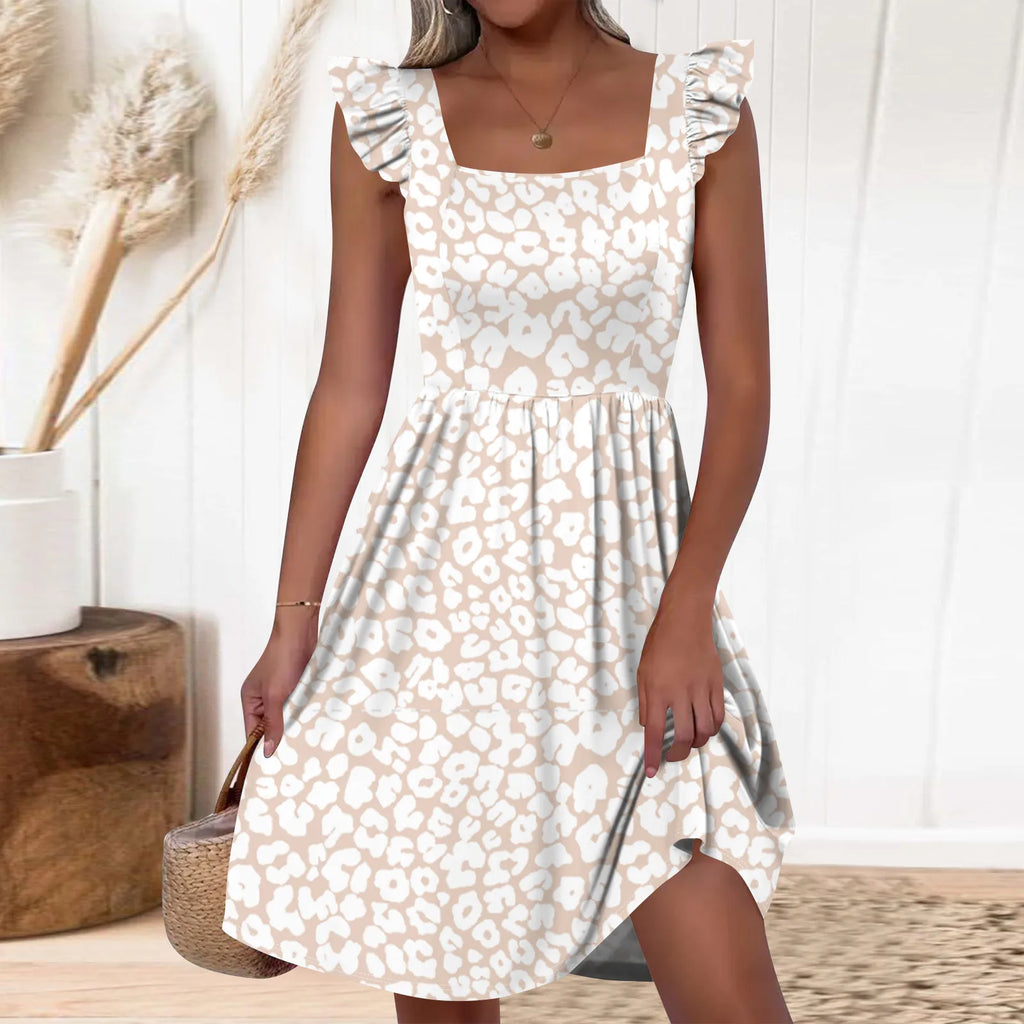 Women's Clothing Hot-selling Square Collar Sweet Floral Print Ruffled Knee-length Beach Skirt