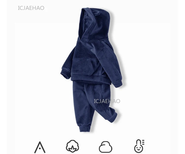 Boys Girls Velvet Warm Long Sleeve Hooded Outfit Set Children Clothing Casual Tracksuit Outdoor Wear Autumn Winter Kids Clothes