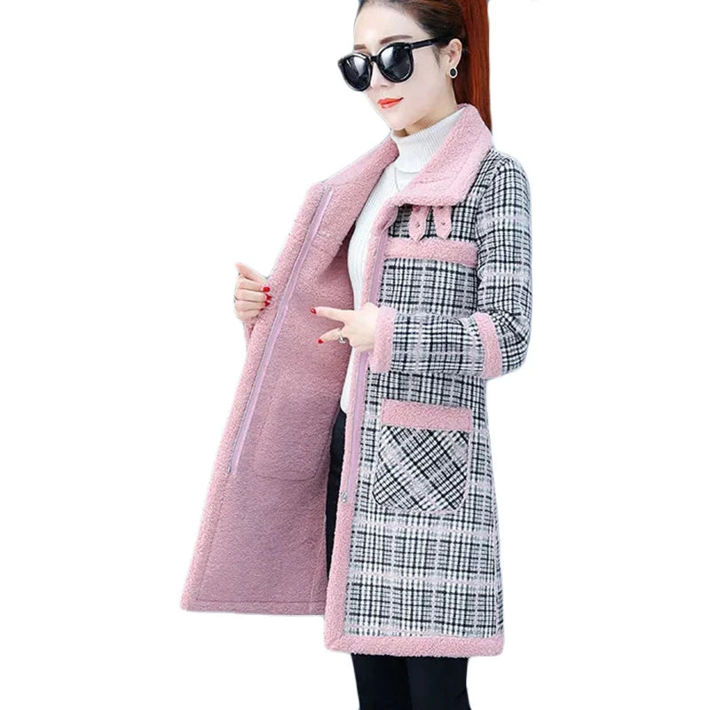 Manteau Long Laine Femme À Carreaux – Grande Taille Chaud Hiver Slim