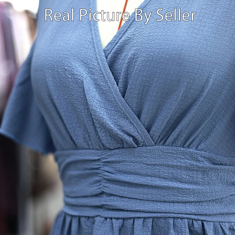 Women Ruffle Solid Pleated Long Dress Chic V Neck Short Sleeved  Black Blue Lace Up Robes Summer Lady High Street Wear Holiday