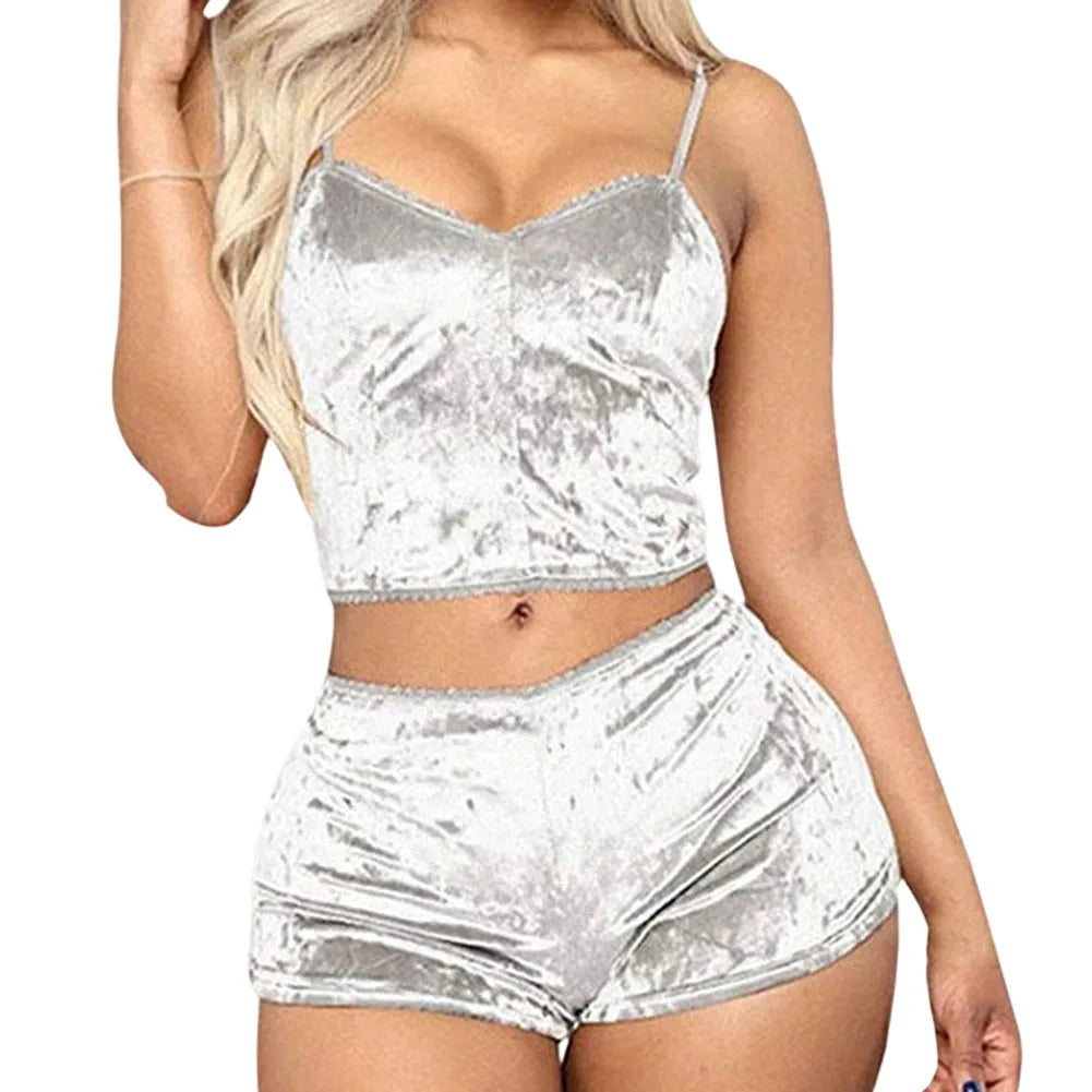 Women's Velvet Polyester Comfortable V-neck Underwear Setcamisole+shorts Pajamas Set Home Clothes Sleeveless Shorts
