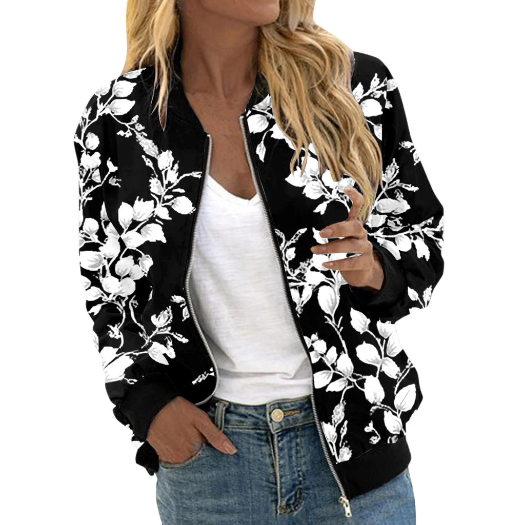 Veste Bomber Femme Imprimé Floral – Courte Zipée Casual Automne Hiver