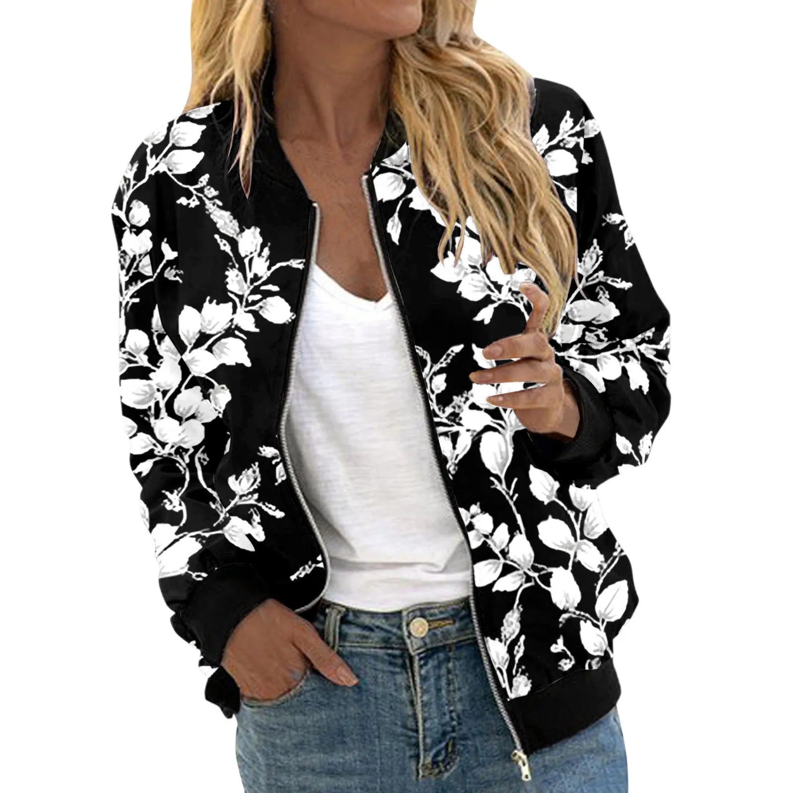 Veste Bomber Femme Imprimé Floral – Courte Zipée Casual Automne Hiver