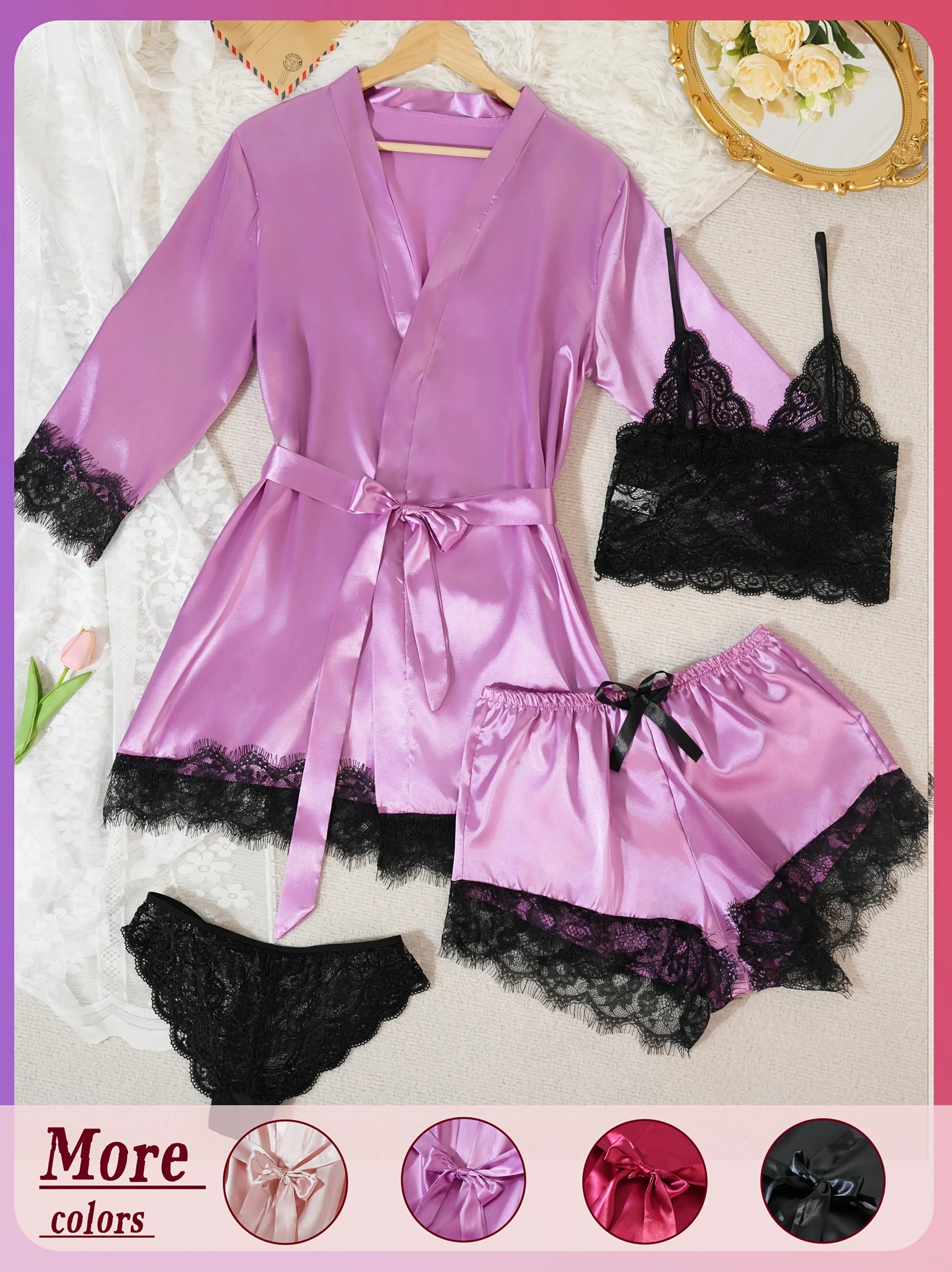 Ensemble Pyjama Satin 4 Pièces avec Robe
