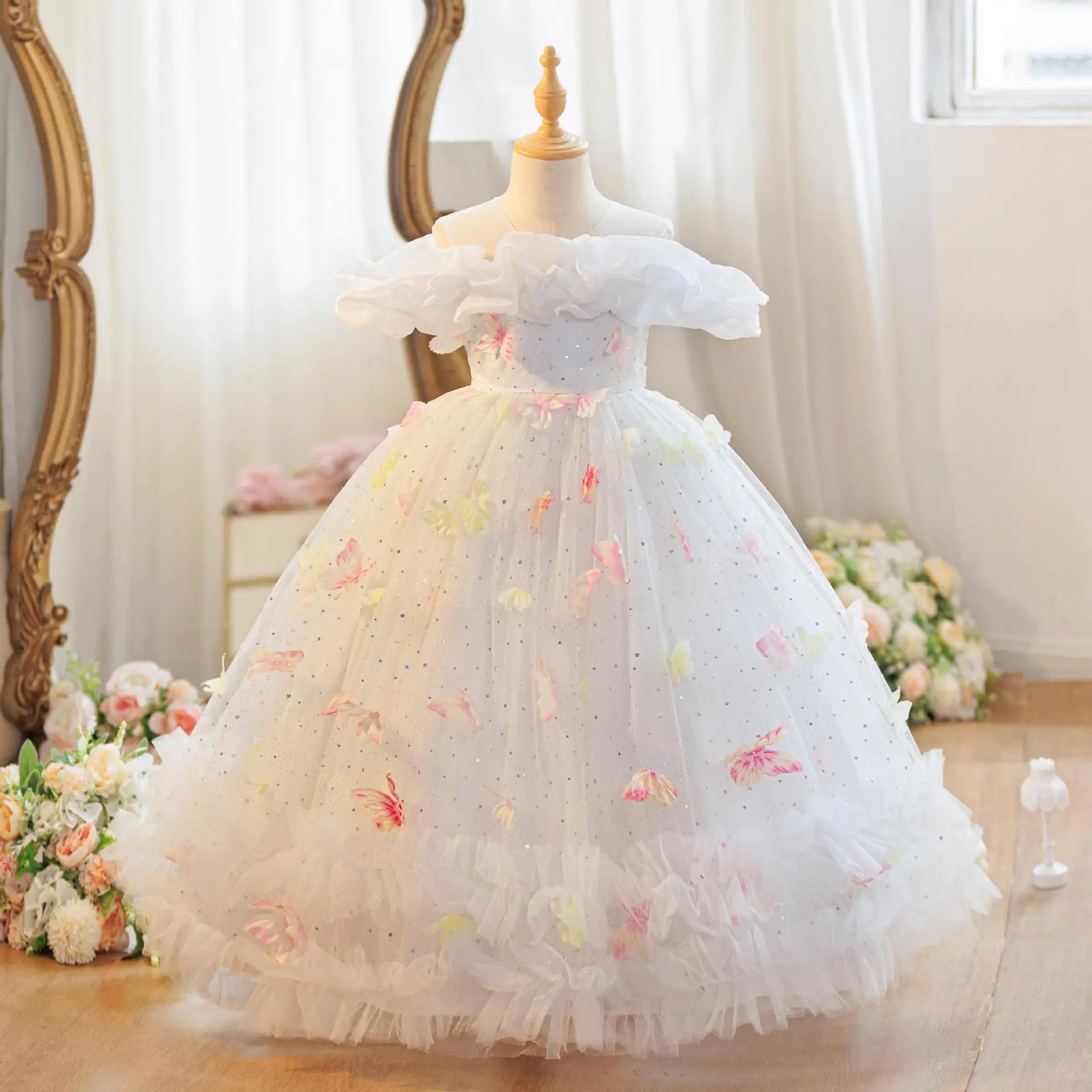 2026 New 4-12 Year Old Robe Princess Dress Flower Girl Wedding Dress Fashionable Party Dress Lace Mesh Elegant Girls' Clothing