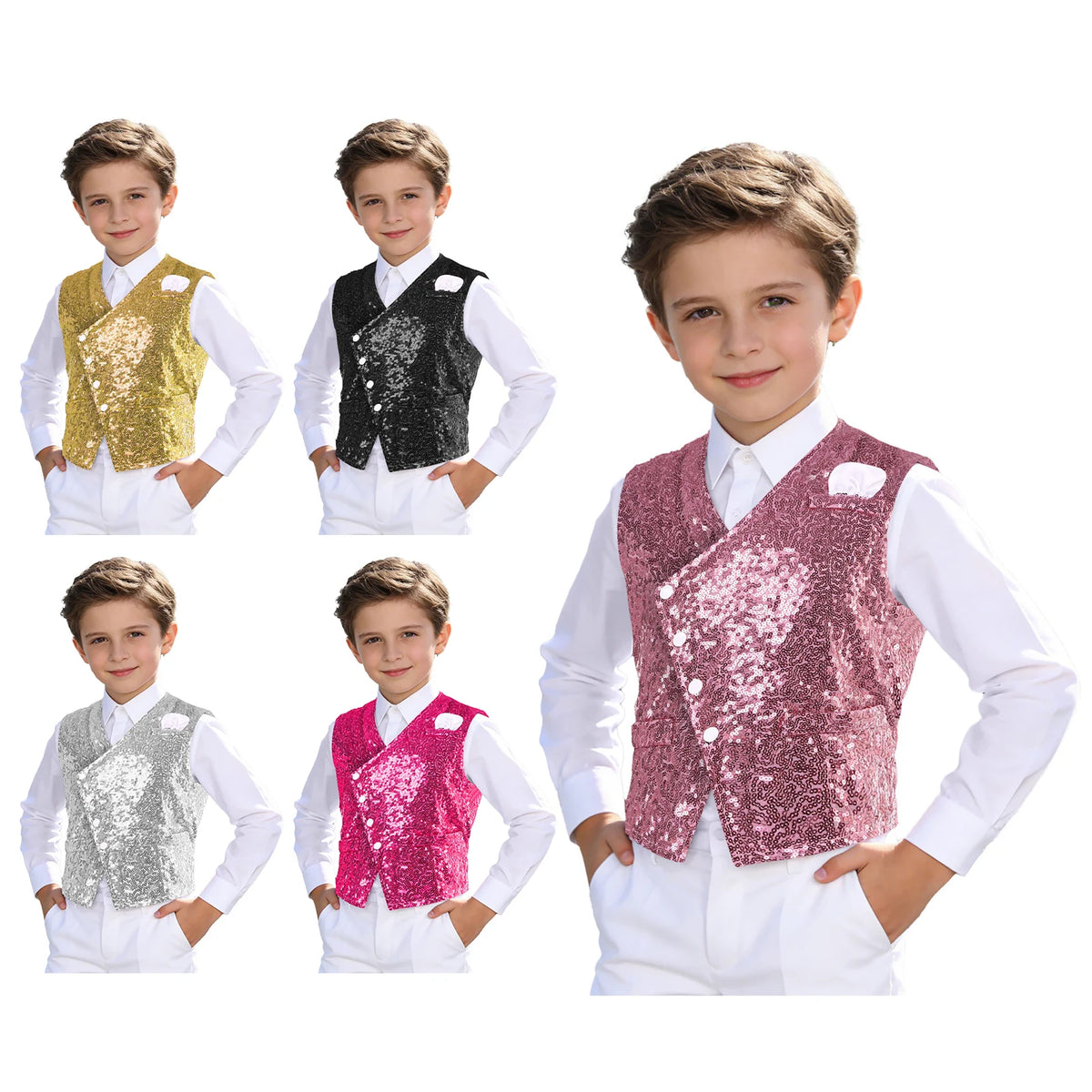 Kids Boys Glittery Sequin Waistcoat Fashion Childs Button-down Vest Tank Top for Birthday Party Prom Dance Wedding Costume Vests