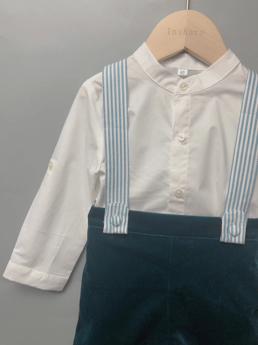 Children's Boutique Clothing Toddler Boys Green Velvet Strap Shorts Suits Cotton Long Sleeve Shirts Siblings Baptism Eid Dresses