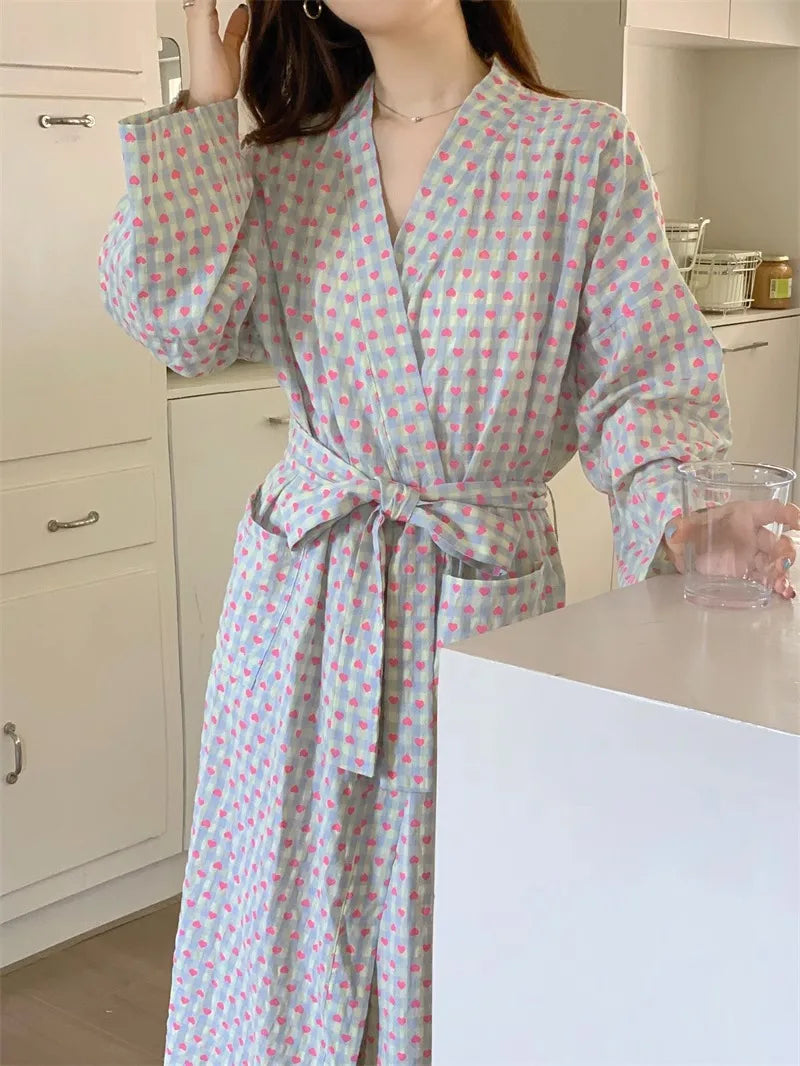 Women's Robe Bathrobe Bathing Love Plaid Loose Long Sleeve Long Kimono Pajamas V-neck Lace Up Trousers Nightgow Sexy Ladies Girl