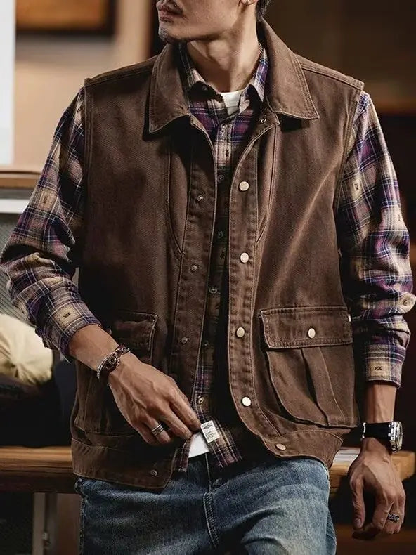 American Retro Workwear Denim Vest Men's Spring New Loose Casual Outdoor Jacket Coat Youth Urban Fashion All Seasons