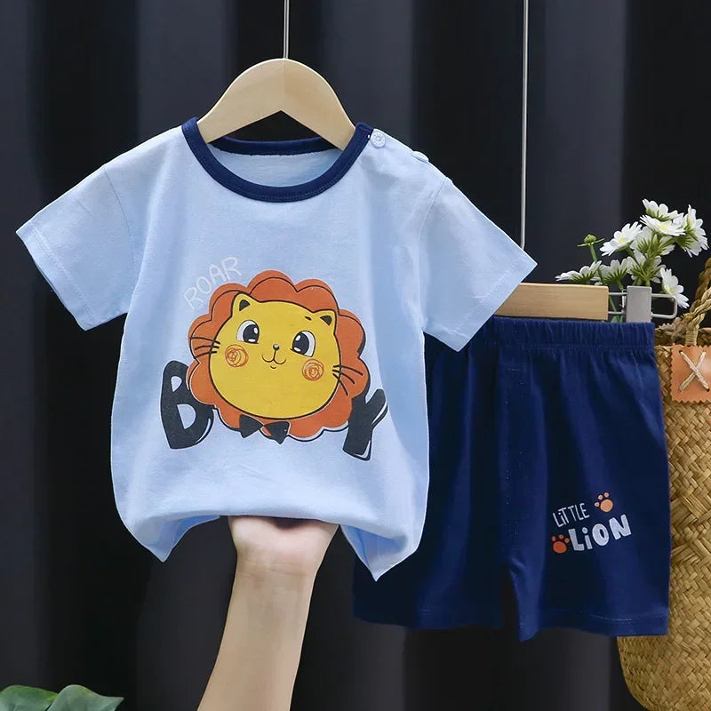 2-6 Years Baby Girl Summer Set Children's Short-sleeved Shorts Suit Cotton T-shirt Little Girls Unicorn Giraffe Cartoon Set