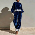 Round Neck Velvet Set Women Balloon Long Sleeve Scallop Lace Hem Top & Wide Leg Pants Suit Elegant Casual Holiday 2 Piece Outfit
