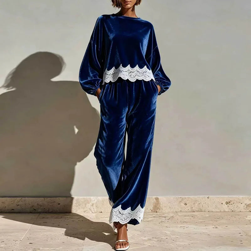 Round Neck Velvet Set Women Balloon Long Sleeve Scallop Lace Hem Top & Wide Leg Pants Suit Elegant Casual Holiday 2 Piece Outfit