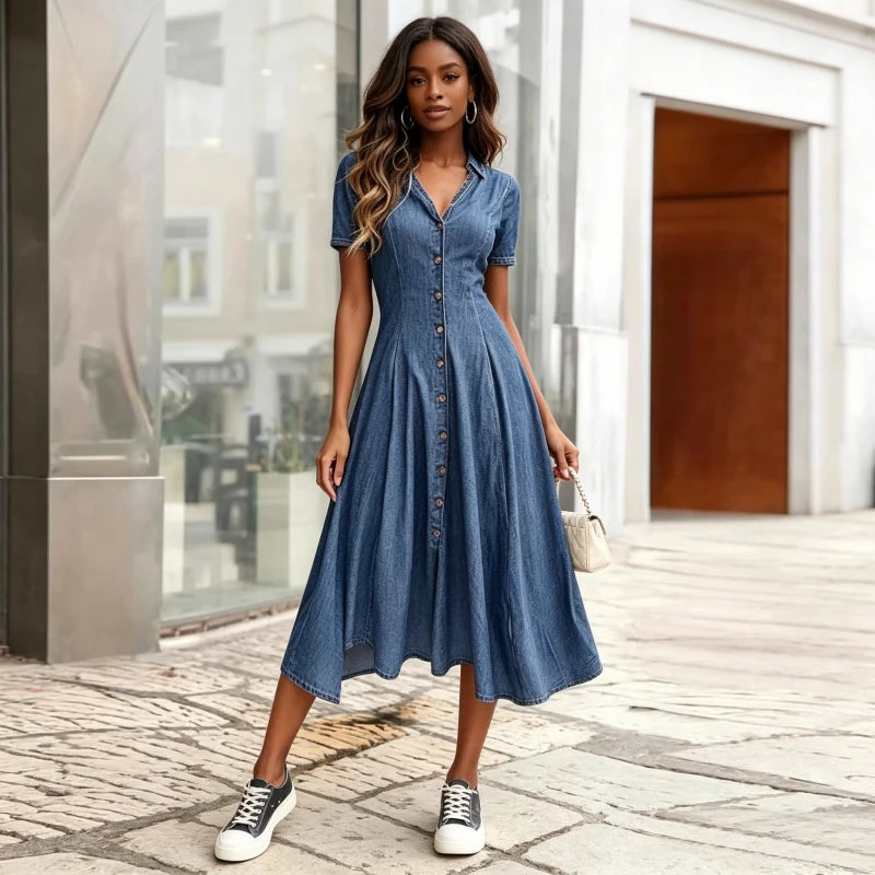 Denim Dress Women Washed Vintage Dresses V Neck Single Breasted Short Sleeve A Line Summer Streetwear Distressed Vestidos