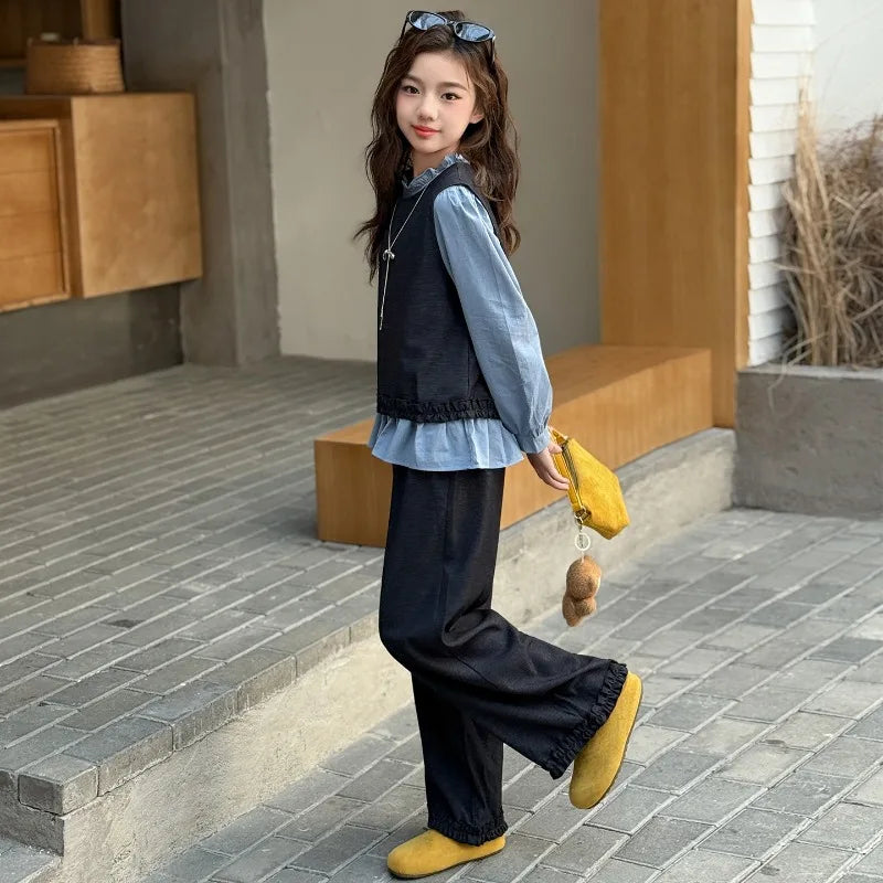 Back To School Clothing for Girls Outfits Set Toddler Kids Vest +Blue Shirt + Pants 3pcs Teens Kids Costumes Spring Autumn 2025