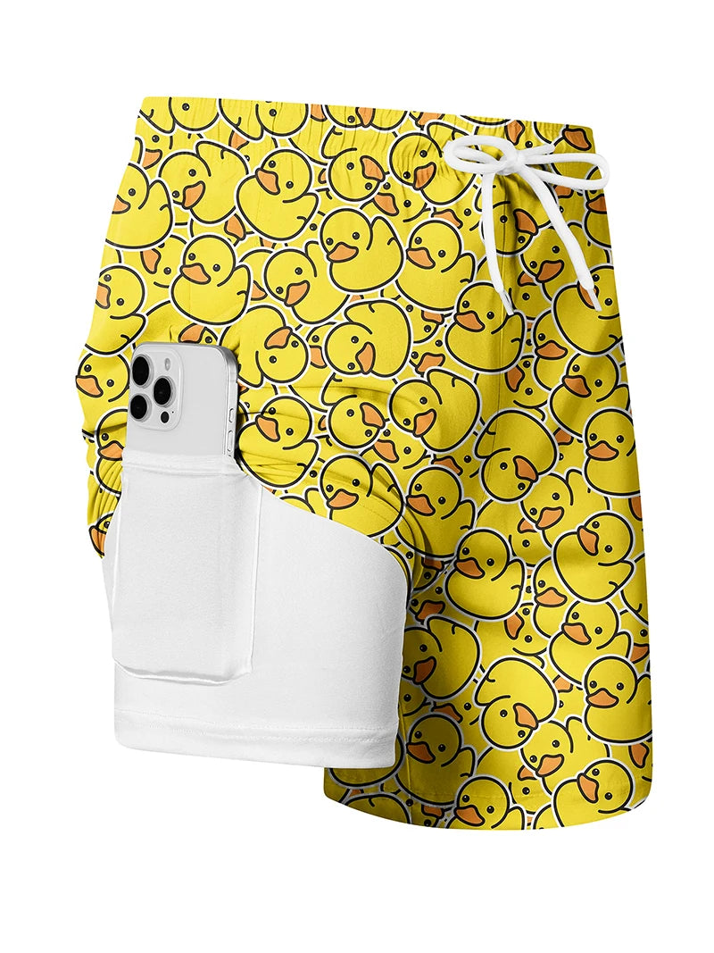 3D Print 2 in 1 Mens Swim Trunks Summer Quick Dry Beach Shorts with Phone Pocket Swimwear Swimsuit Bathing Suit  Board Shorts