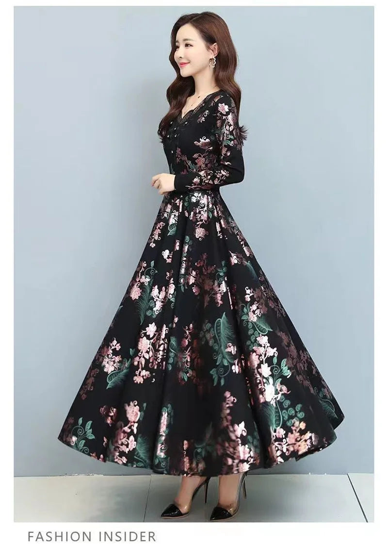 Spring Autumn New Women Dress Elegant Temperament Long A-Line Dress High End Fashion Lace Printed Beading Dresses Vestidos Mujer