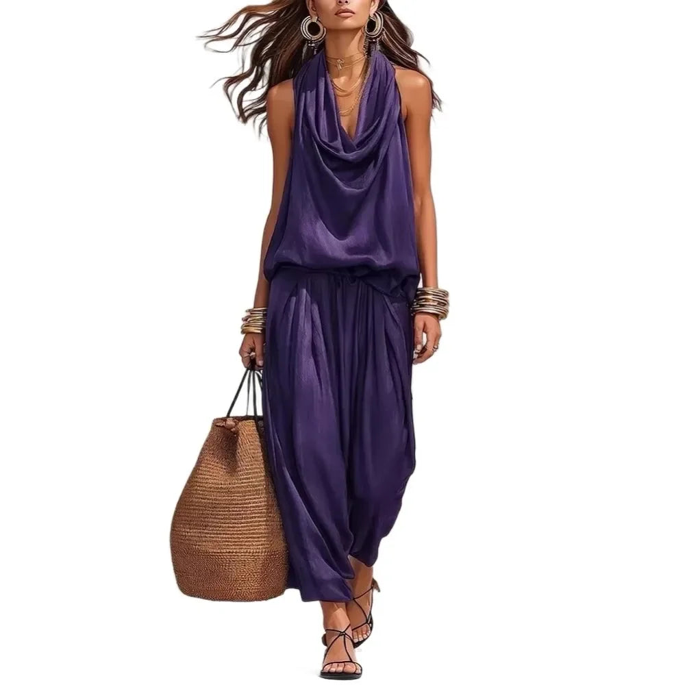 Women 2 Piece Outfit Pleated Collar Sleeveless Vest & Casual Pants Set Elegant High End Commuter Matching Suit European Style