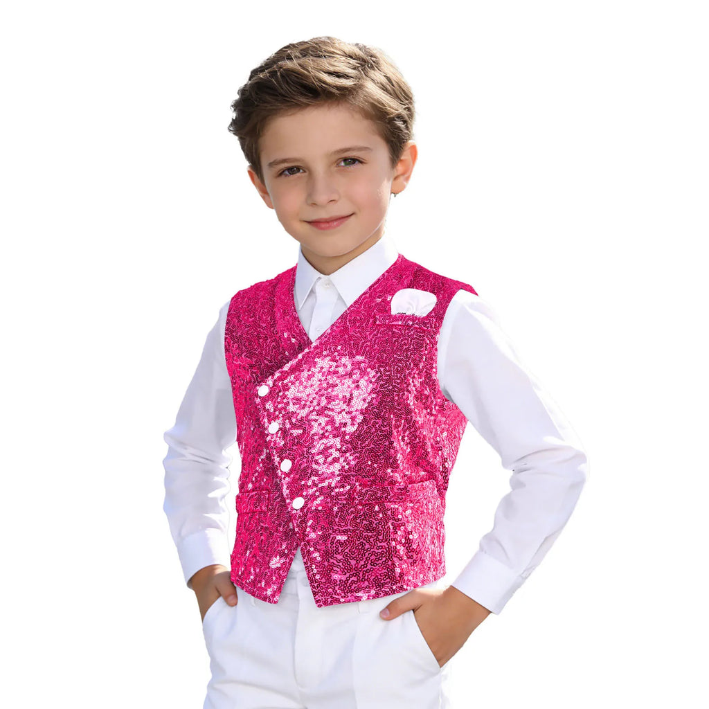 Kids Boys Glittery Sequin Waistcoat Fashion Childs Button-down Vest Tank Top for Birthday Party Prom Dance Wedding Costume Vests