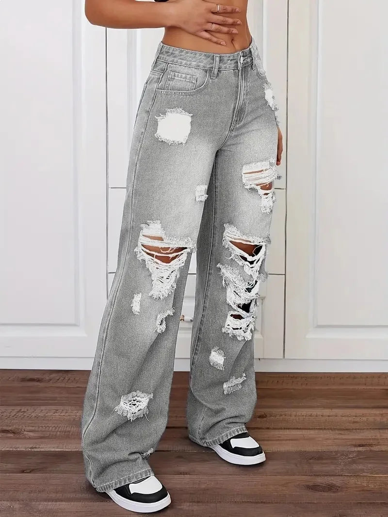 Jean femme taille haute déchiré – Coupe wide leg streetwear