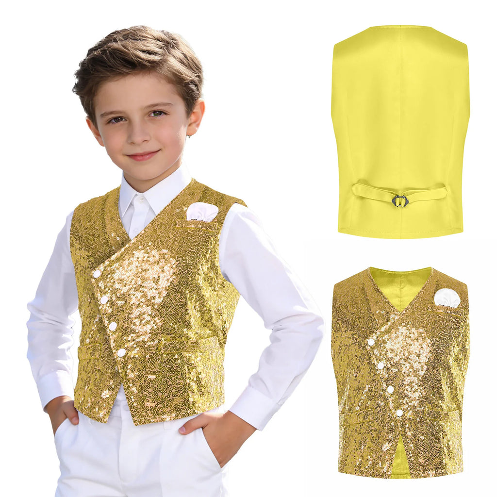 Kids Boys Glittery Sequin Waistcoat Fashion Childs Button-down Vest Tank Top for Birthday Party Prom Dance Wedding Costume Vests