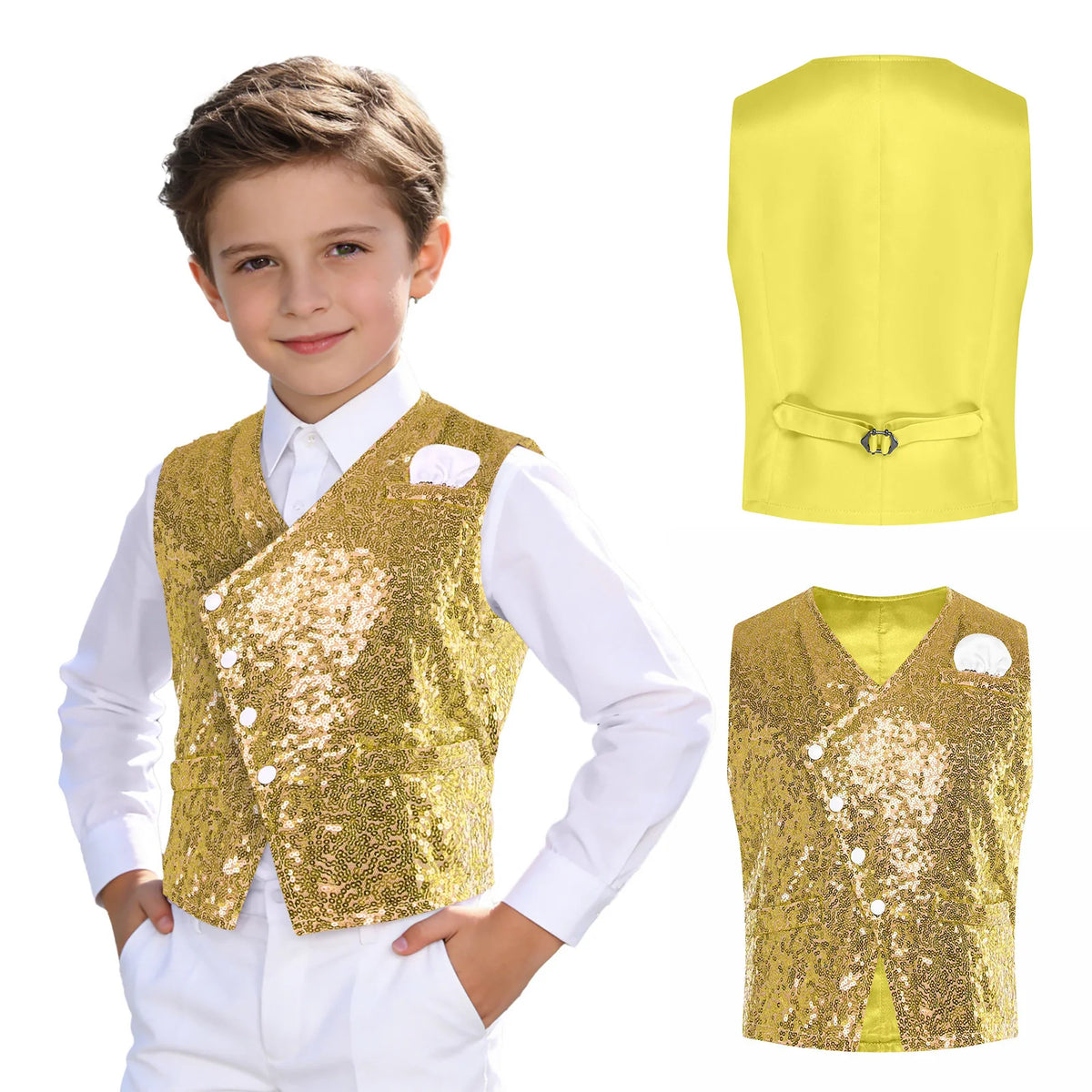 Kids Boys Glittery Sequin Waistcoat Fashion Childs Button-down Vest Tank Top for Birthday Party Prom Dance Wedding Costume Vests