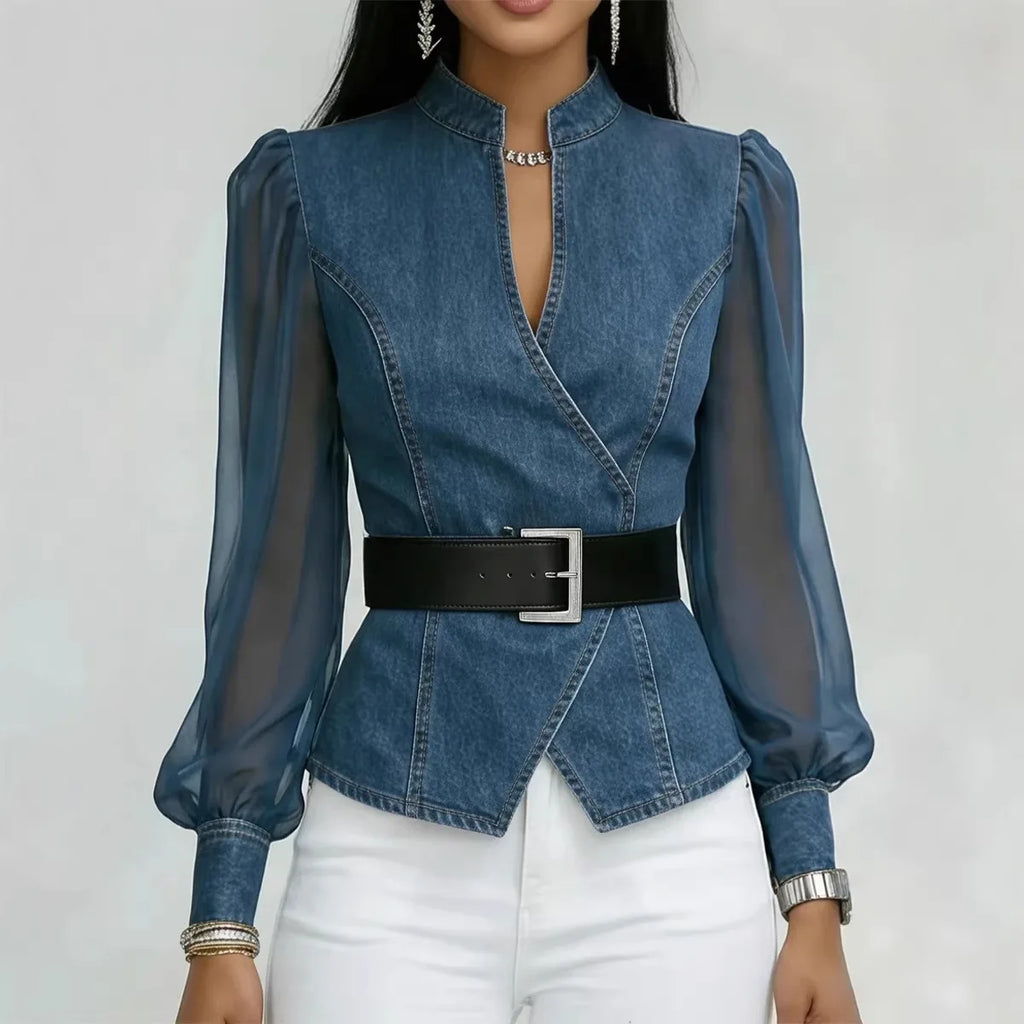 2026 New Women's Denim Express Summer and Autumn New V-Neck Lace Long Sleeve Top