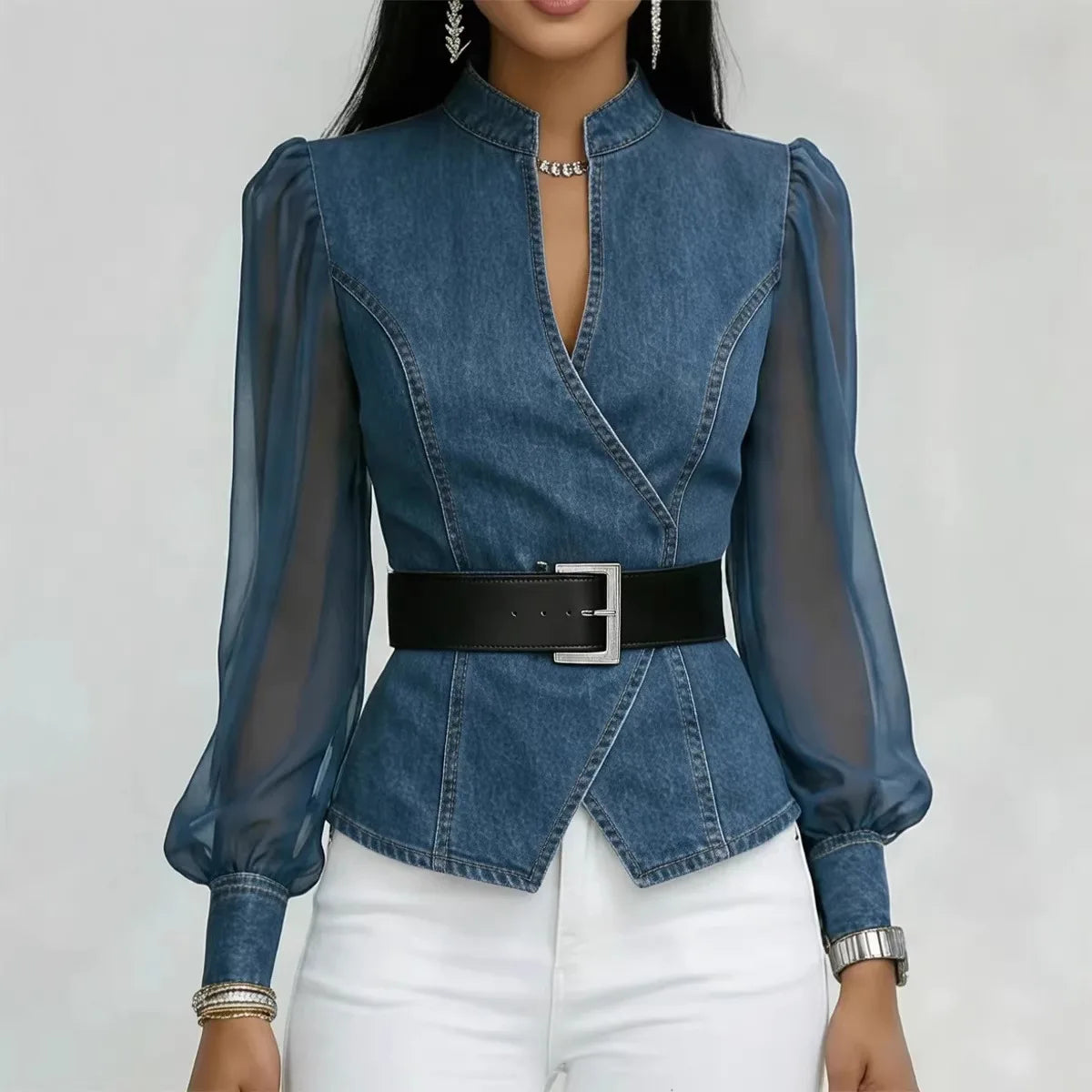 2026 New Women's Denim Express Summer and Autumn New V-Neck Lace Long Sleeve Top