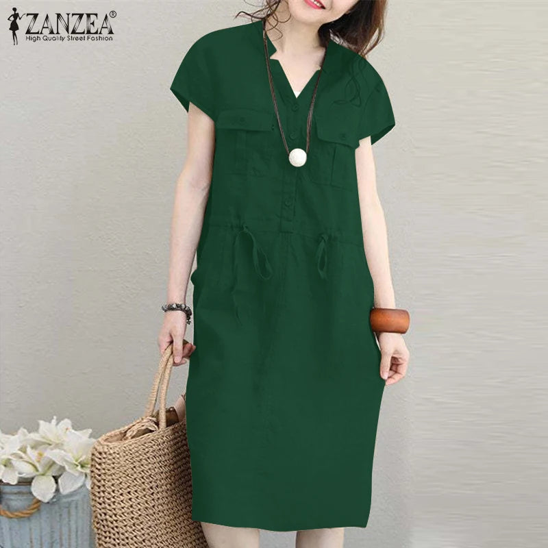 Summer Fashion Short Sleeve Dress ZANZEA Women Casual Drawstring Waist Vestidos Knee-length Robe Femme Elegant OL Work Sundress