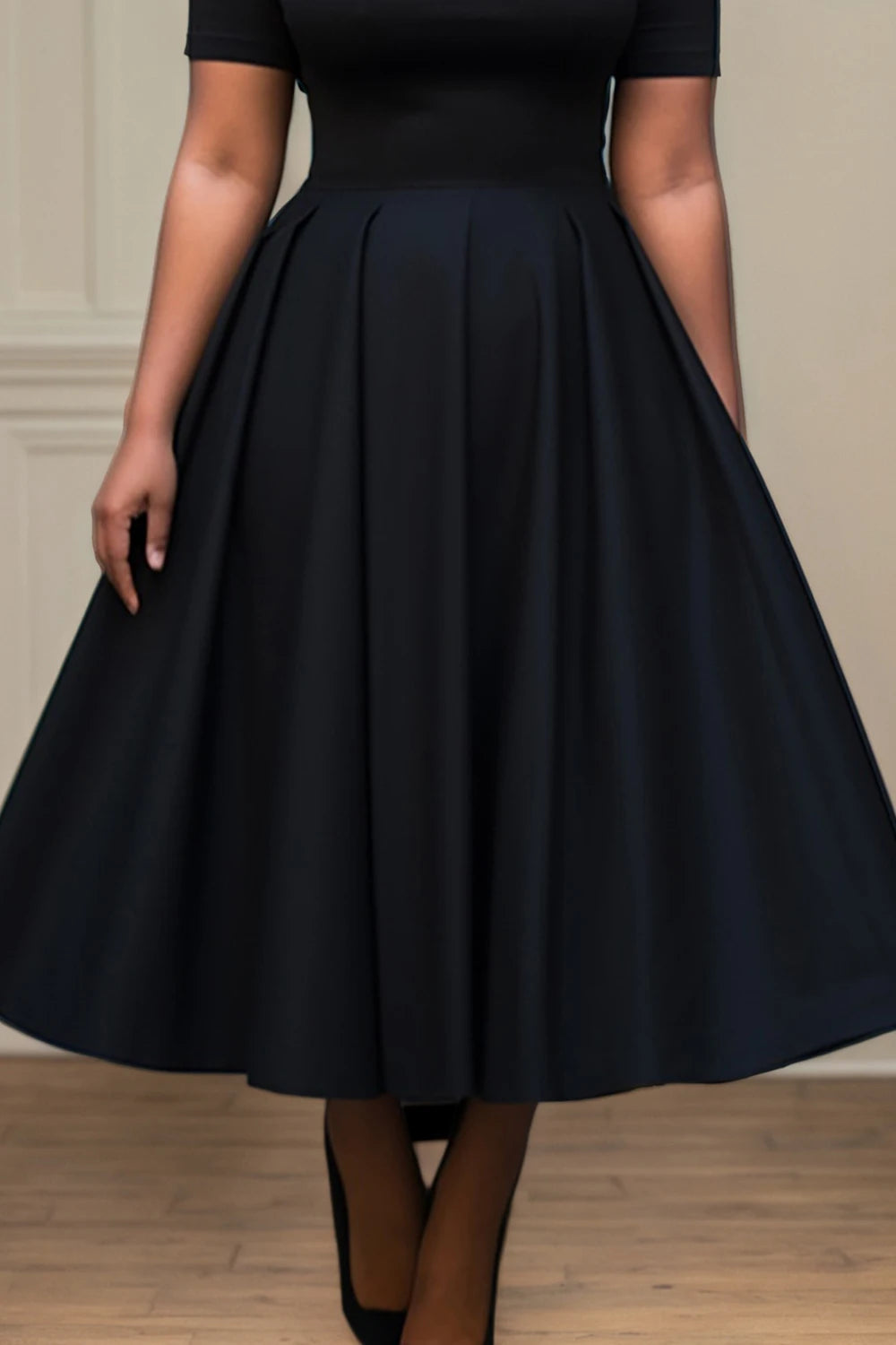 Women Plus Size Black Dress Short Sleeve Summer Casual Pleated A-Line Basic Long Dress Round Neck Fashion Evening Party Dresses