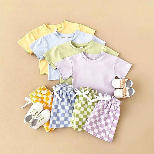 0-3Y Toddler Infant Kid Baby Boy Clothes Sets Solid Color Short Sleeve T-shirt Tops Plaid Shorts Newborn Summer Outifts Clothing