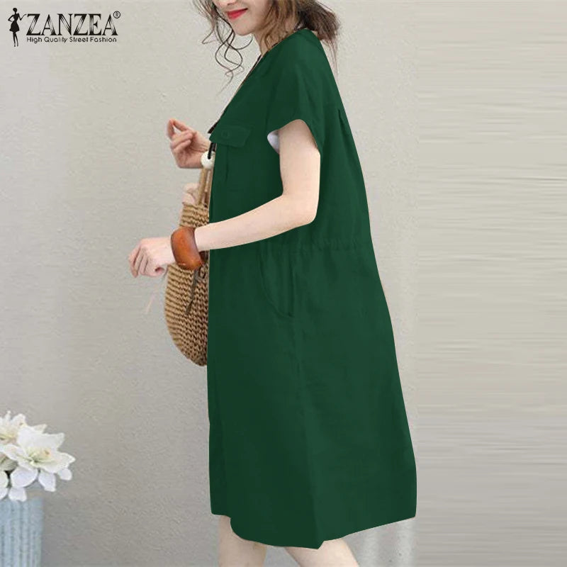 Summer Fashion Short Sleeve Dress ZANZEA Women Casual Drawstring Waist Vestidos Knee-length Robe Femme Elegant OL Work Sundress