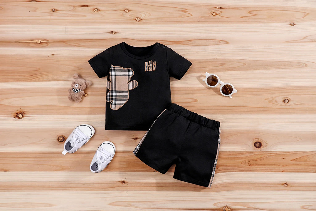 2pcs IURNXB Baby Clothes Set Infant Short Sleeve Tees+Shorts Cartoon Checked Bear Print Cute Kids Tops Pants Casual Suits 3-24M